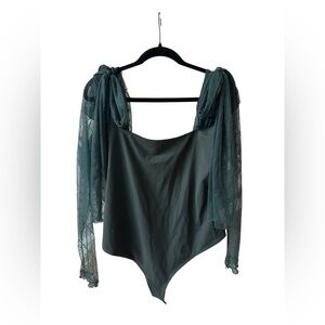 Free People Tongue Tied Bodysuit Sz L NWT Green Mesh Sleeve Boho